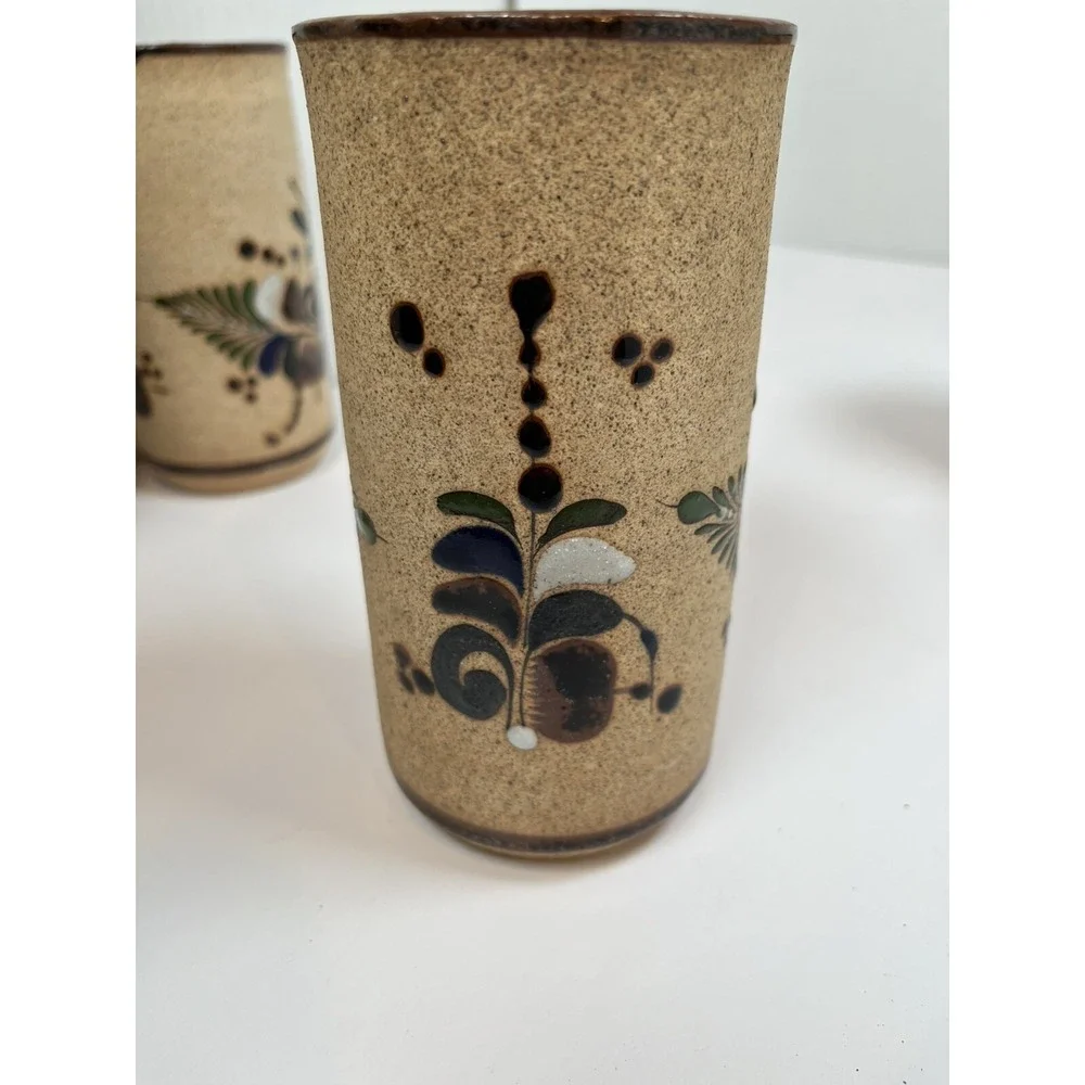 Tonala Pottery Cups Painted Blue Flowers Bird Stone Ware Lot Of 5 Netzi Mexico - Picture 11 of 16